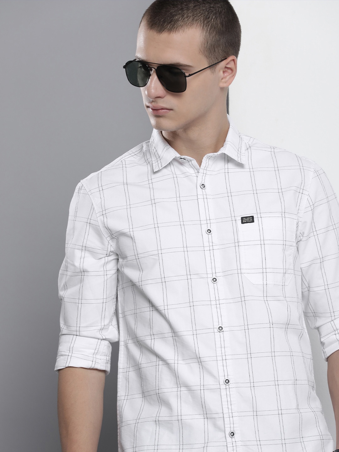 

The Indian Garage Co Windowpane Checked Cotton Casual Shirt, White