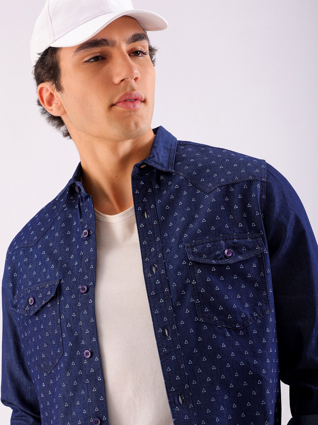 

The Indian Garage Co Slim Fit Printed Cotton Casual Denim Shirt, Navy blue