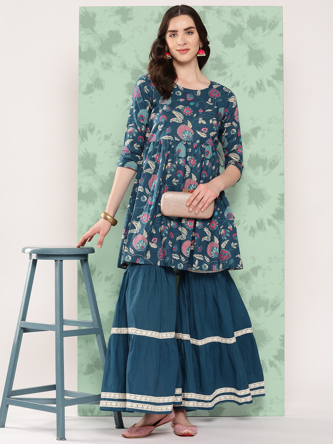 

InWeave Floral Printed Empire Pure Cotton Kurti With Sharara, Blue