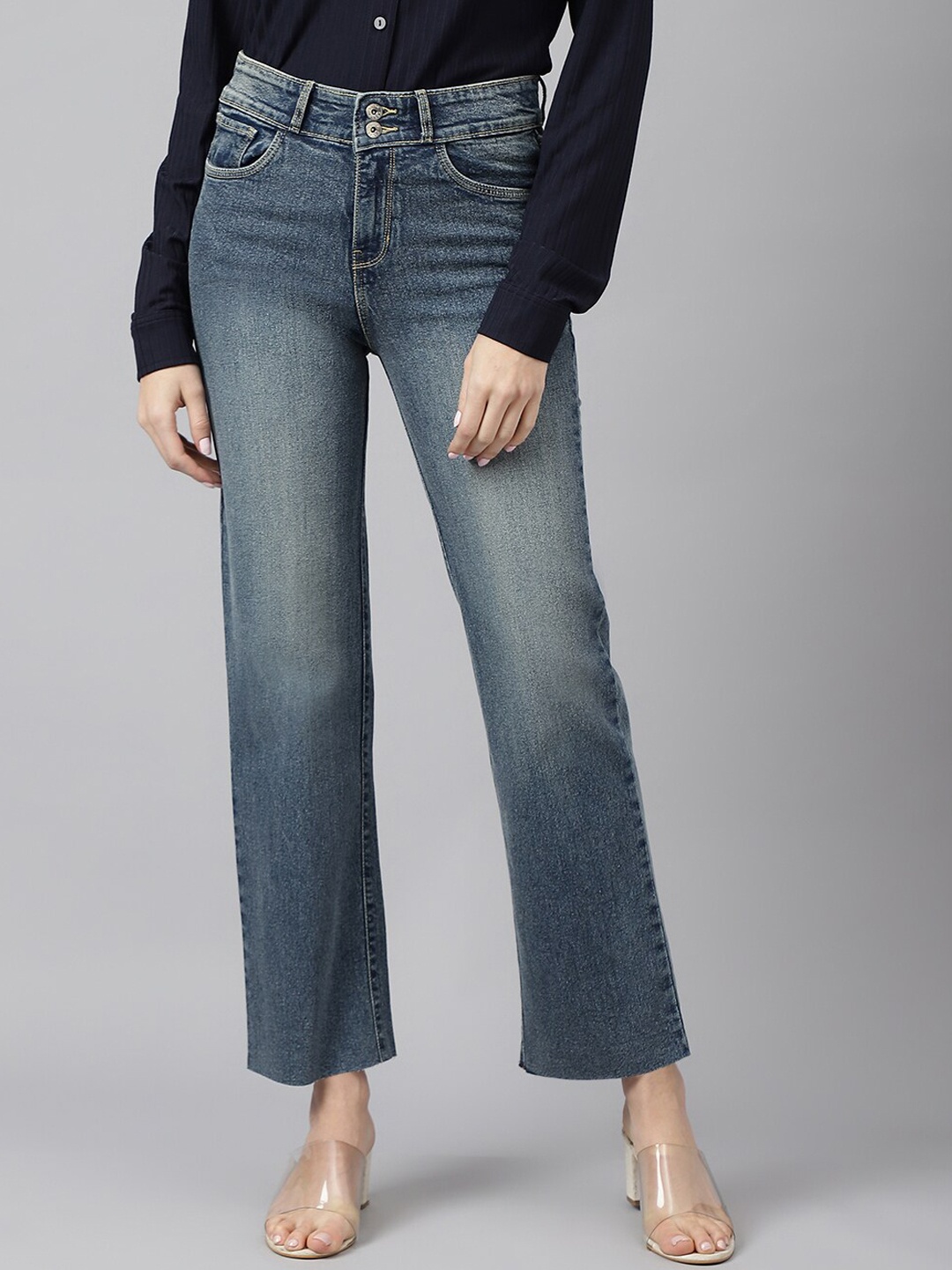 

Xpose Women Comfort Wide Leg High-Rise Clean Look Heavy Fade Stretchable Jeans, Blue