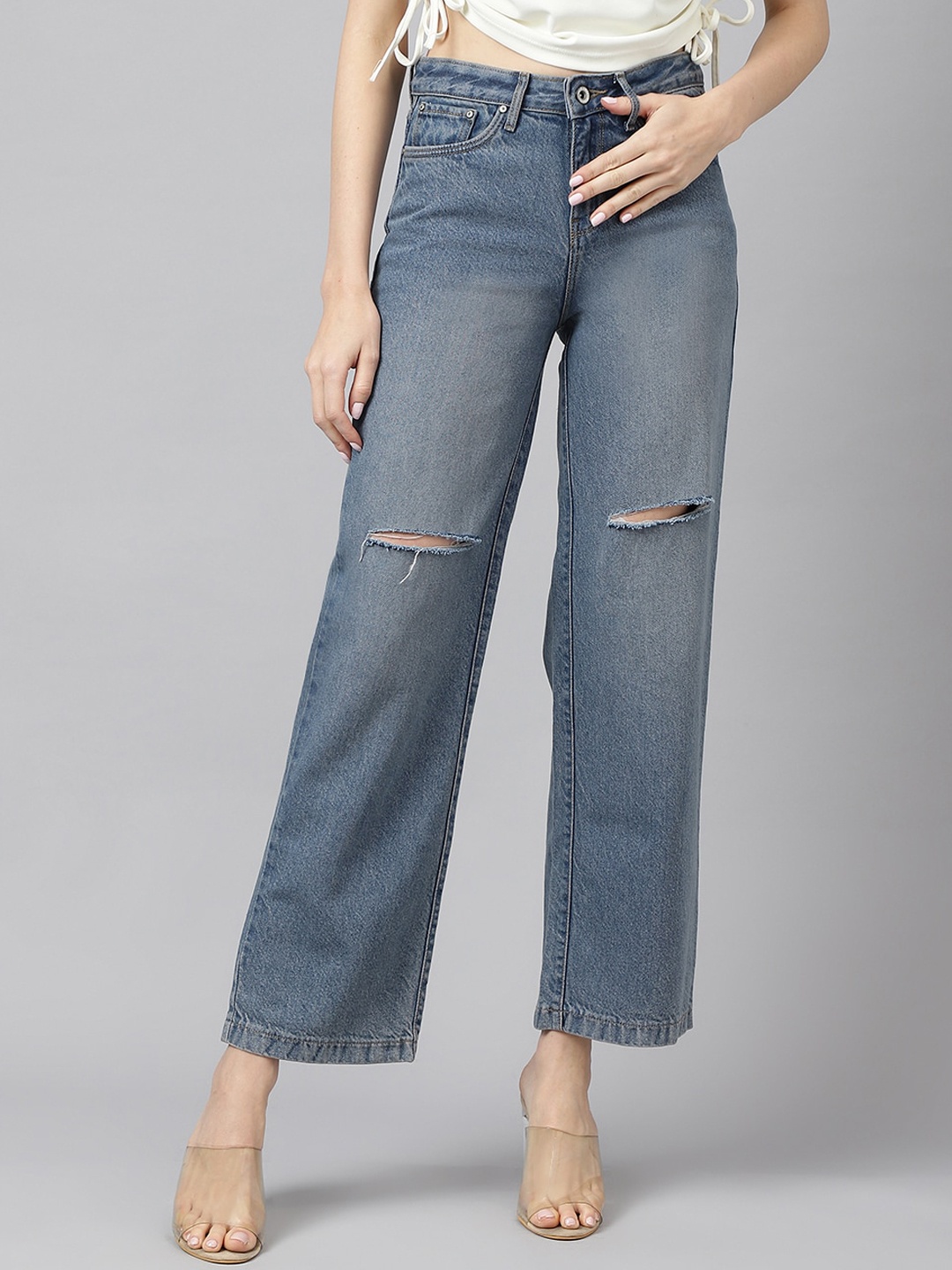 

Xpose Women Comfort Wide Leg High-Rise Slash Knee Heavy Fade Cotton Jeans, Blue
