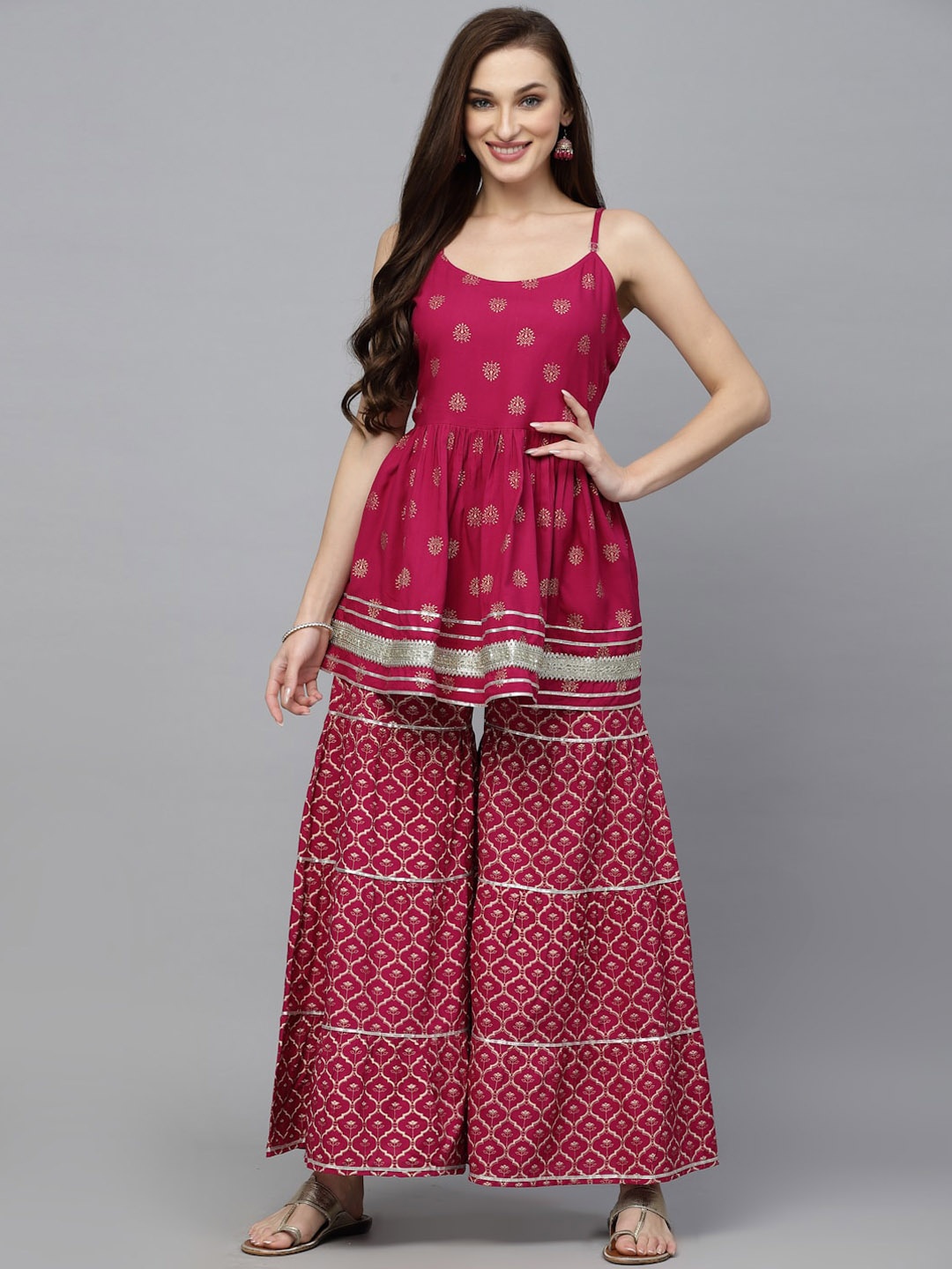 

Stylum Women Pink Ethnic Motifs Printed Pleated Gotta Patti Kurta with Sharara