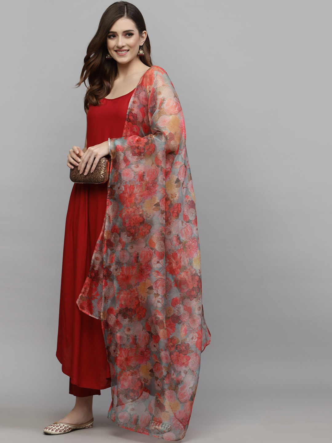 

Stylum Shoulder Straps Pleated Anarkali Kurta With Trousers & Dupatta, Maroon