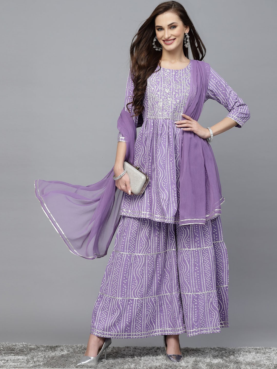 

Stylum Bandhani Embroidered Empire Kurta with Sharara & Dupatta, Purple