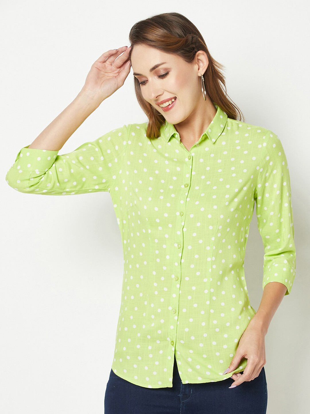 

Crimsoune Club Comfort Polka Dots Printed Casual Shirt, Green