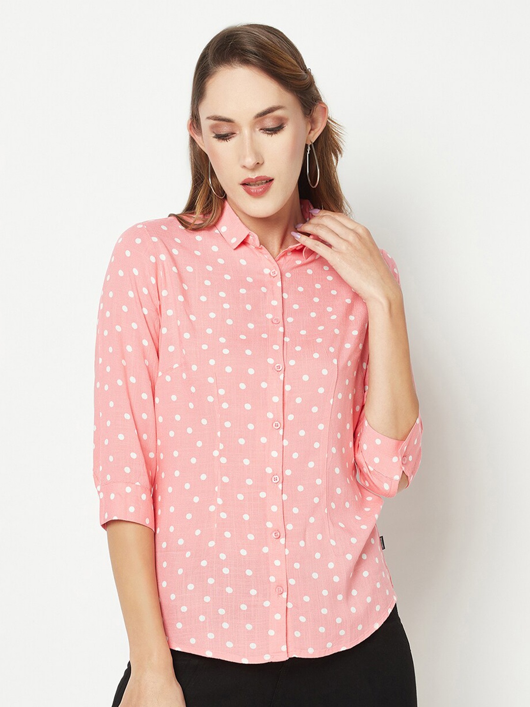 

Crimsoune Club Comfort Polka Dots Printed Casual Shirt, Pink