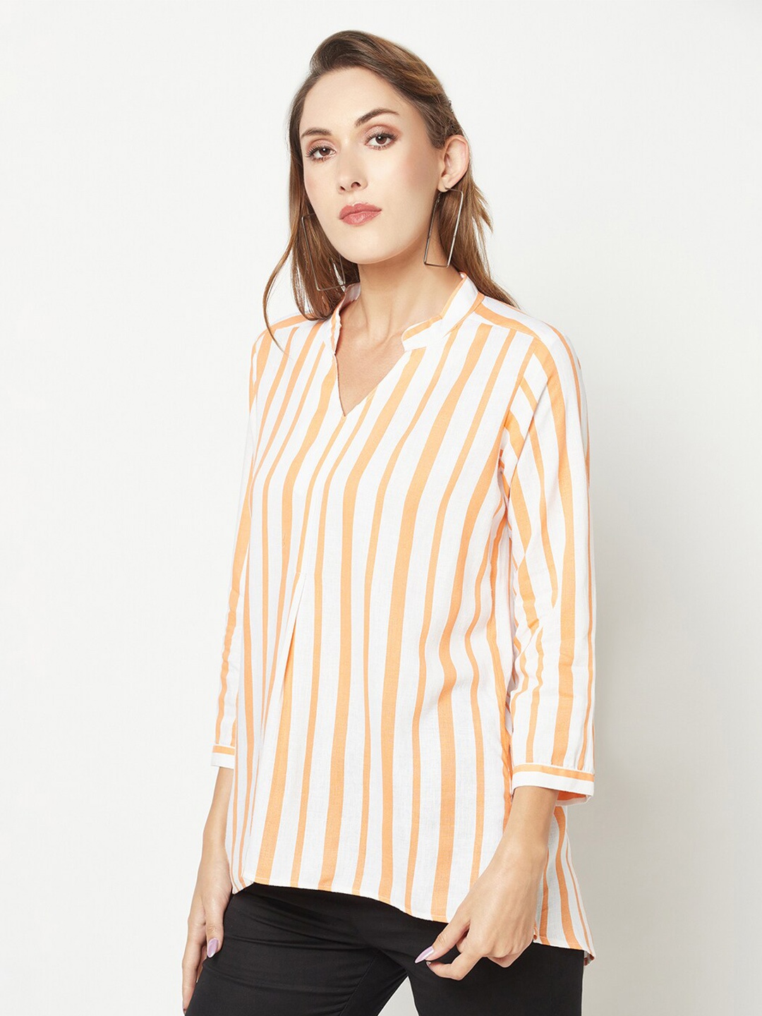 

Crimsoune Club V-Neck Striped Regular Top, Orange