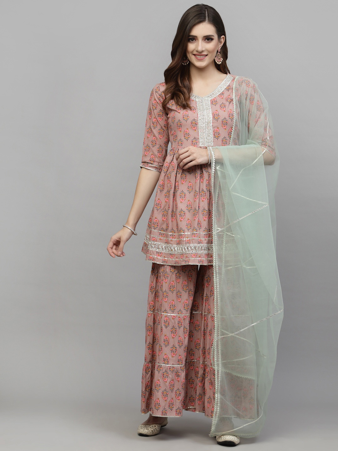 

Stylum Women Ethnic Motifs Printed Gotta Patti Kurti with Sharara & With Dupatta, Peach