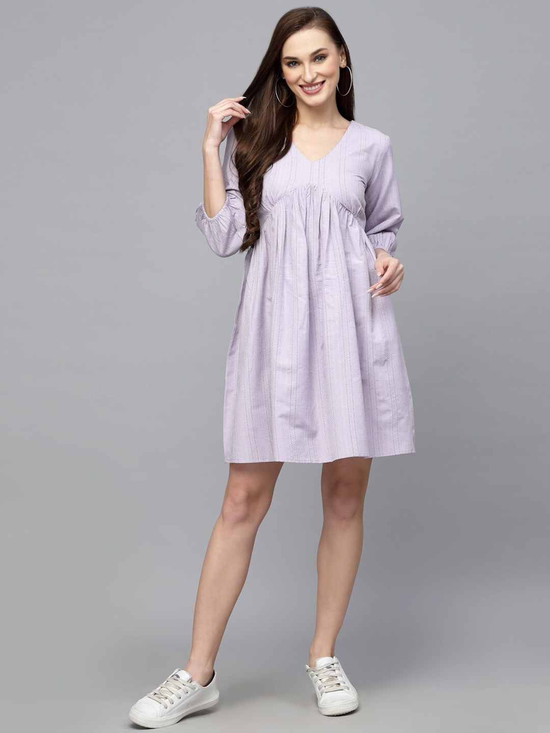 

Stylum V-Neck Striped Flared A-Line Cotton Dress, Lavender