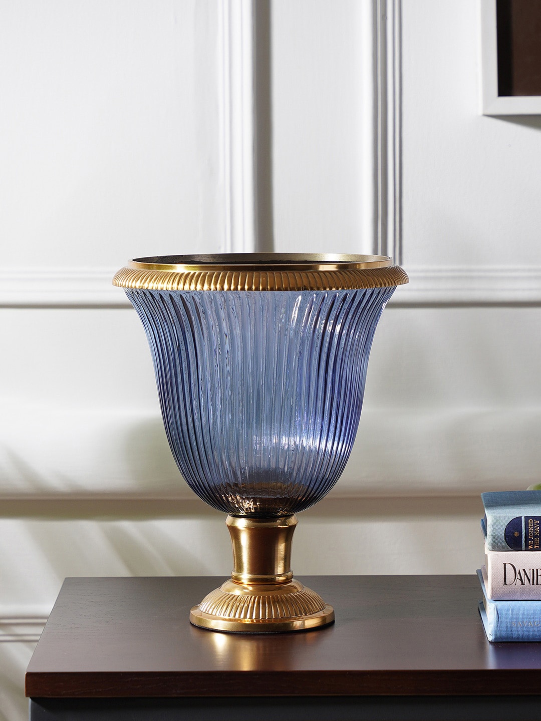 

Pure Home and Living Blue & Gold Toned Ribbed Glass Hurricane Candle Holder