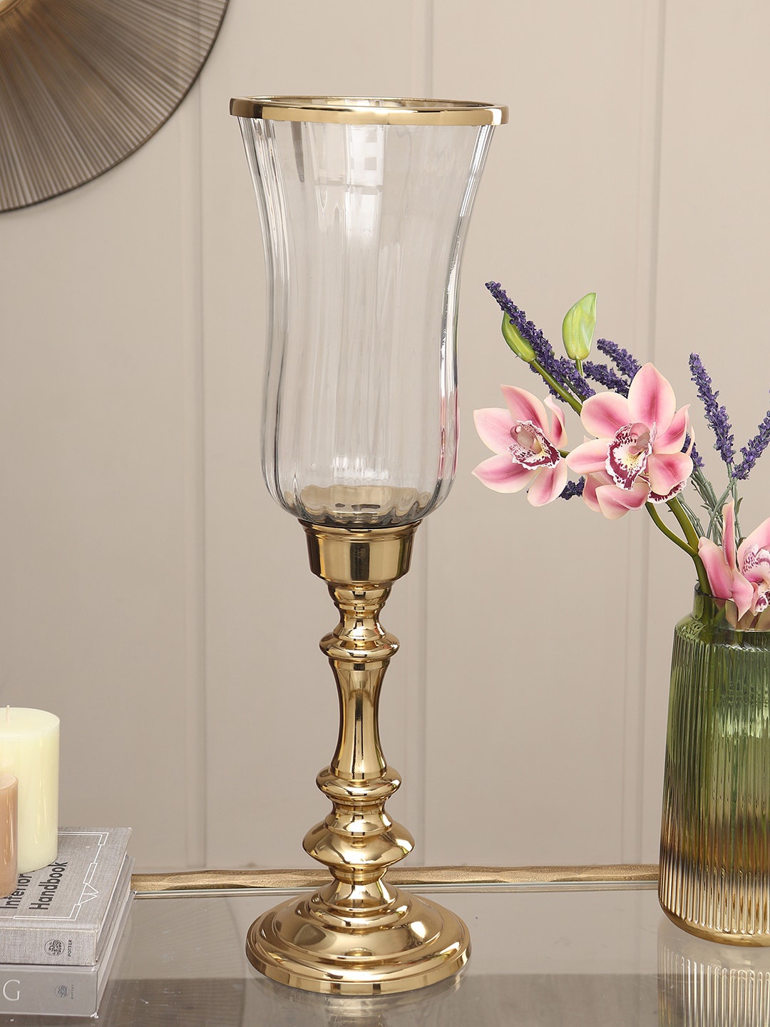 

Pure Home and Living Gold-Toned & Transparent Textured Glass Hurricane Candle Holder