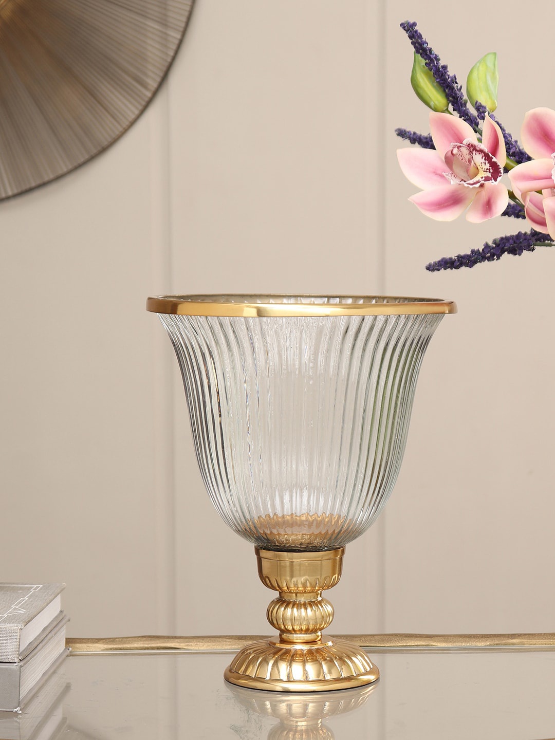 

Pure Home and Living Gold-Toned & Transparent Clear Ribbed Glass Small Hurricane Candle Holder