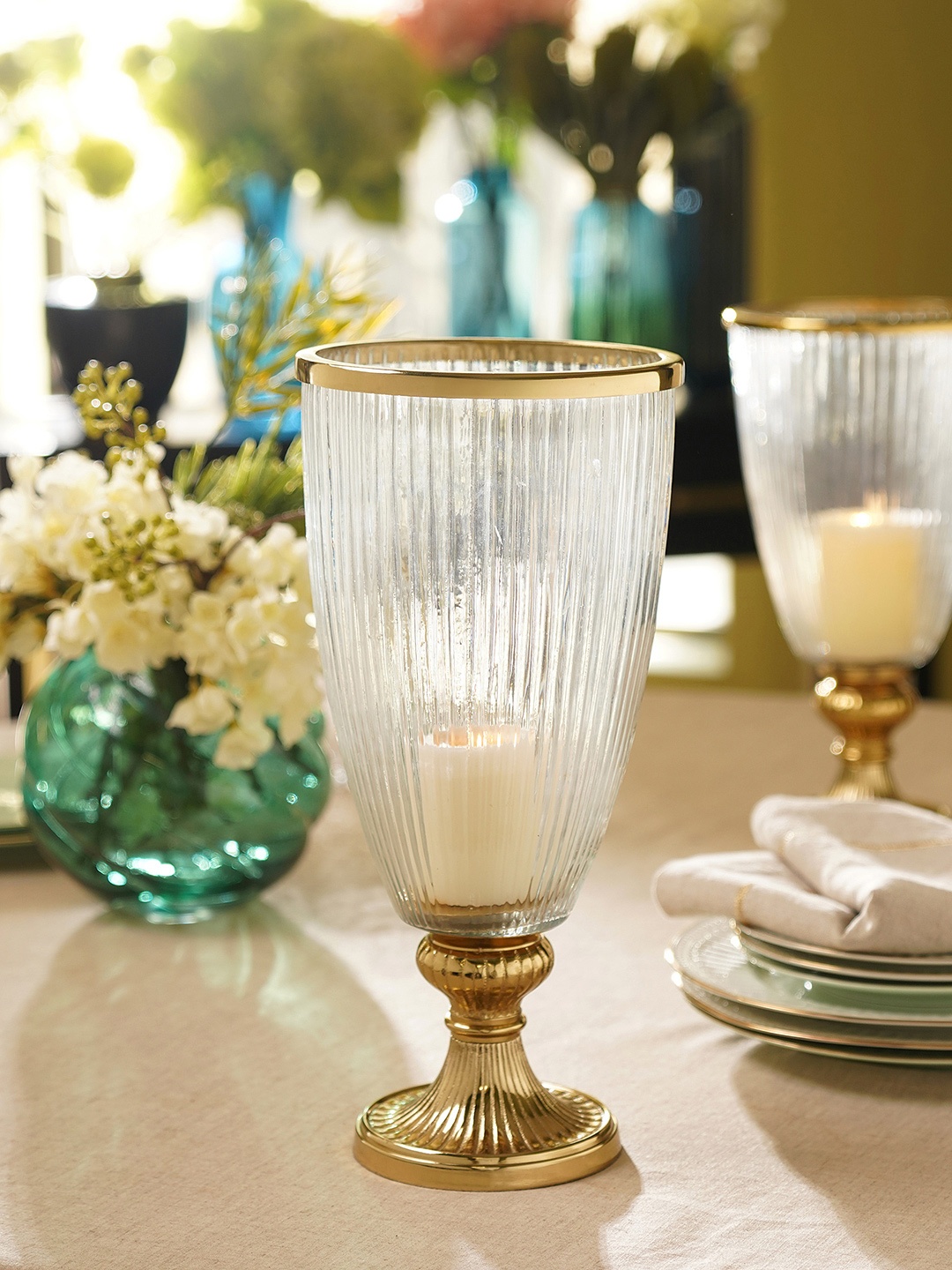 

Pure Home and Living Ribbed Textured Hurricane Shaped Glass & Aluminum Candle Holder, Transparent