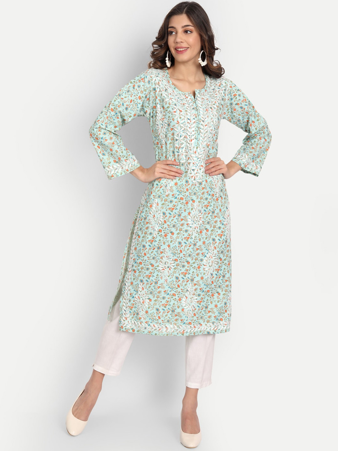 

Indiankala4u Notched Neck Floral Printed Chikankari Thread Work Pure Cotton Kurta, Green