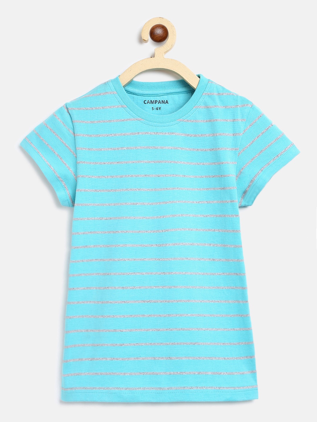 

Campana Girls Striped Round Neck Longline Cotton T-shirt, Turquoise blue