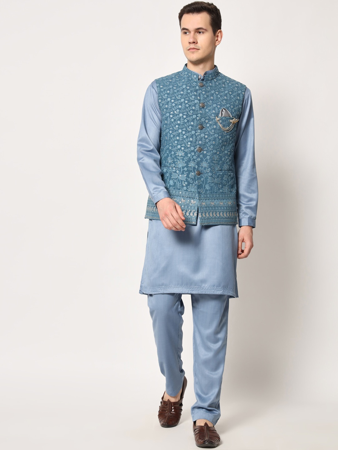 MAXENCE Embellished Sequinned Pure Silk Nehru Jacket, Blue