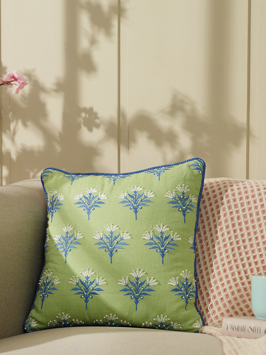 

Pure Home and Living Green & Blue Embroidered & Embellished Linen Square Cushion Cover