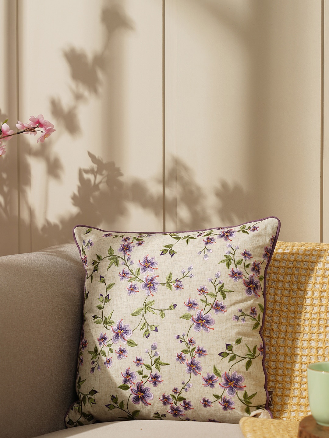 

Pure Home and Living Purple & Beige Floral Pure Cotton Square Cushion Cover