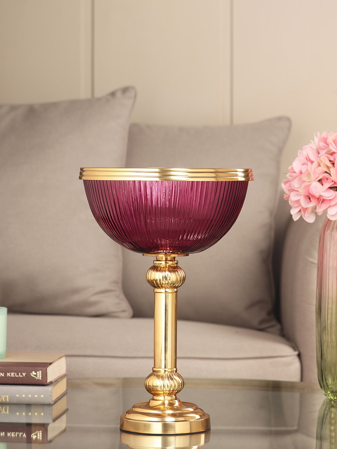 

Pure Home and Living Purple & Gold Toned Ribbed Tall Glass Bowl