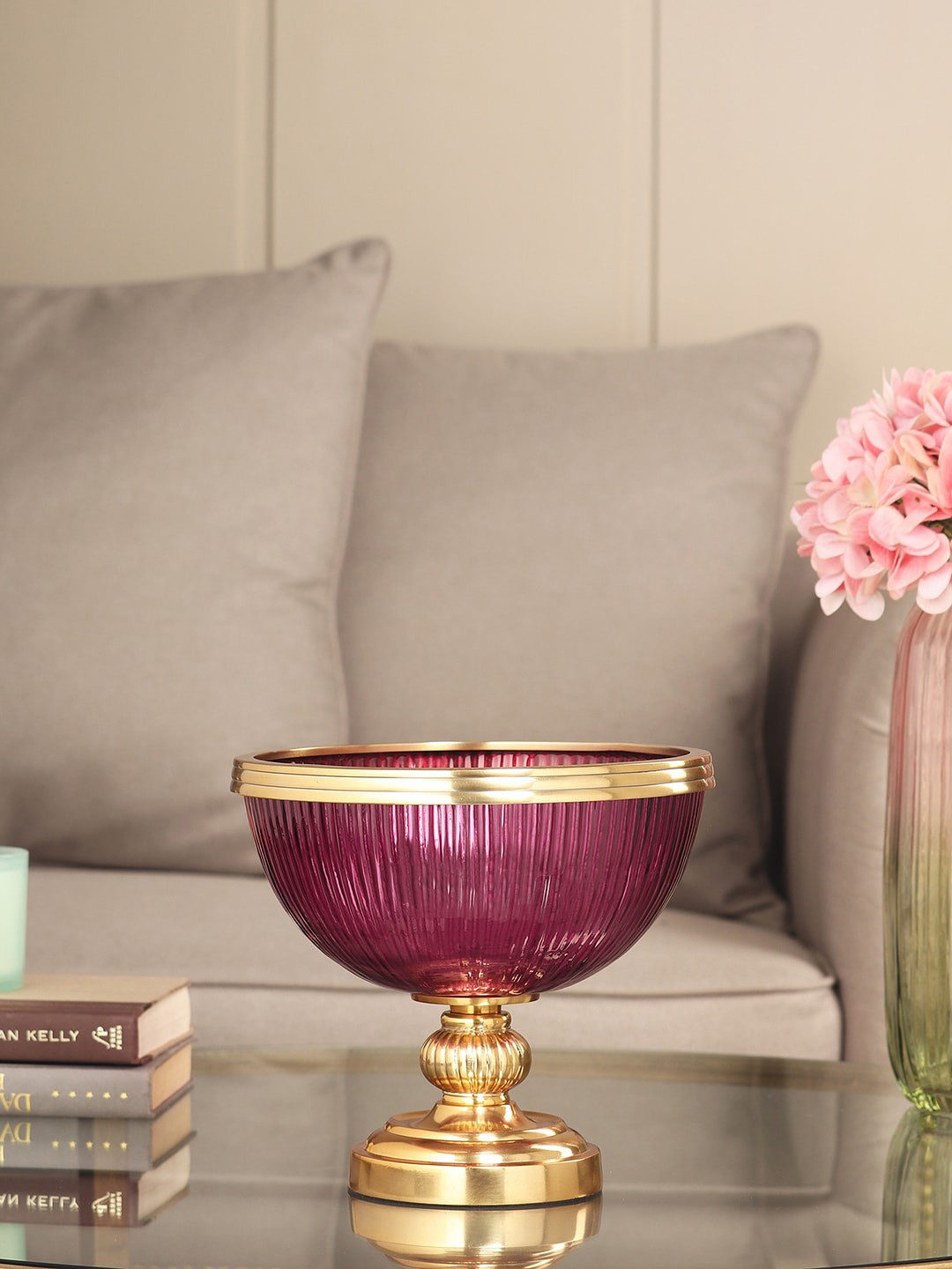 

Pure Home and Living Purple & Gold-Toned Ribbed Textured Decorative Bowl with Stand