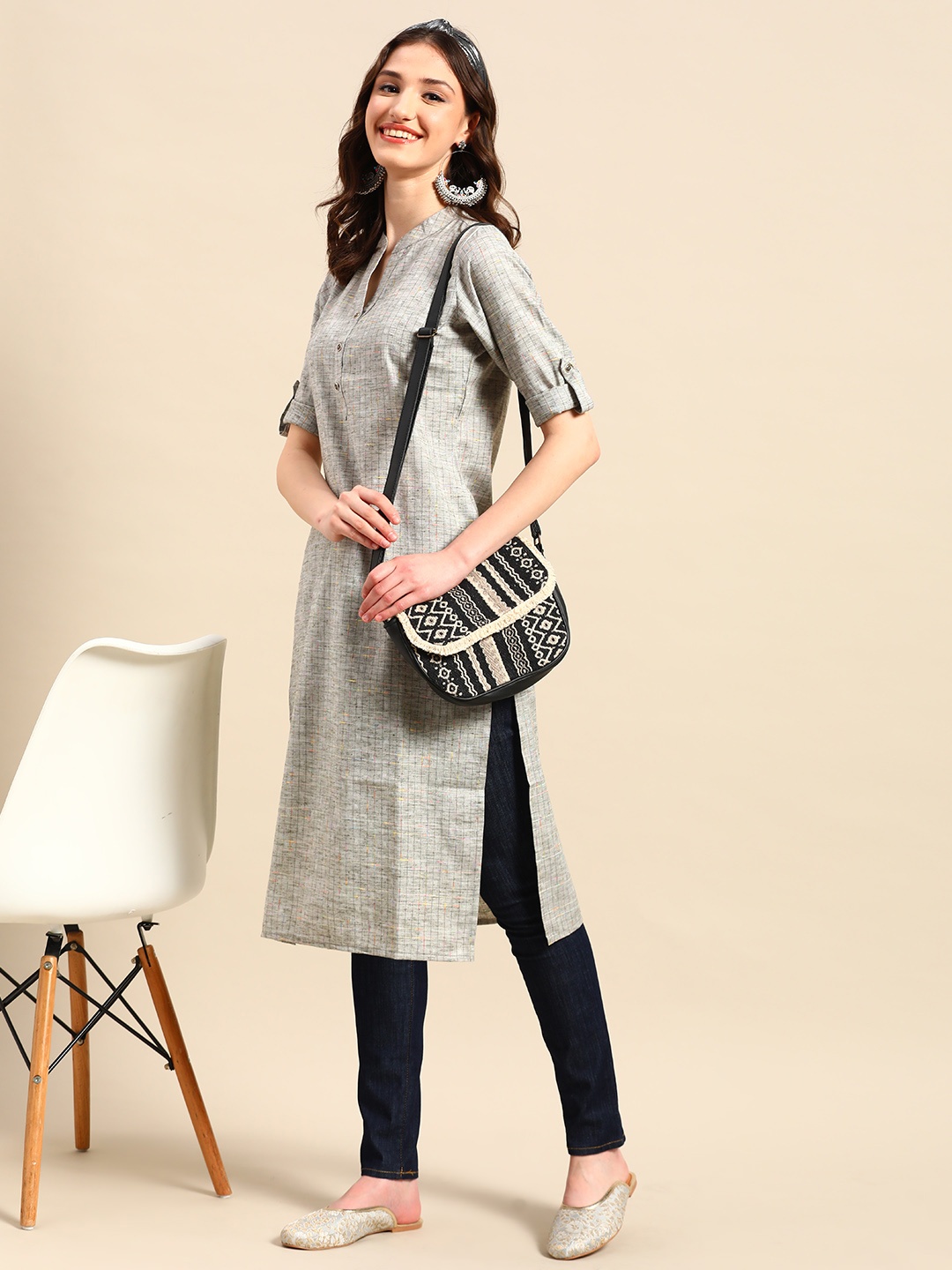 

Sangria Checked Cotton Kurta, Grey