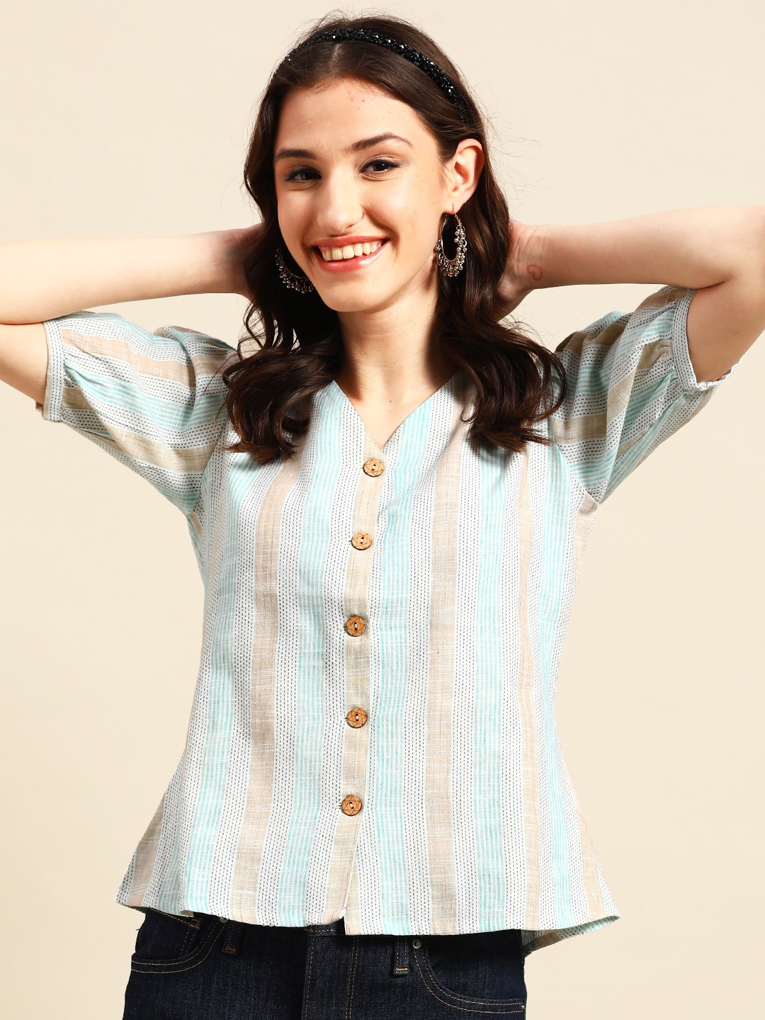 

Sangria Striped Shirt Style Top, Turquoise blue
