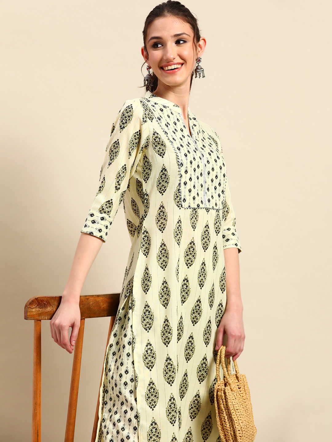 

Sangria Ethnic Motifs Printed Gotta Patti Kurta With Palazzos, Olive