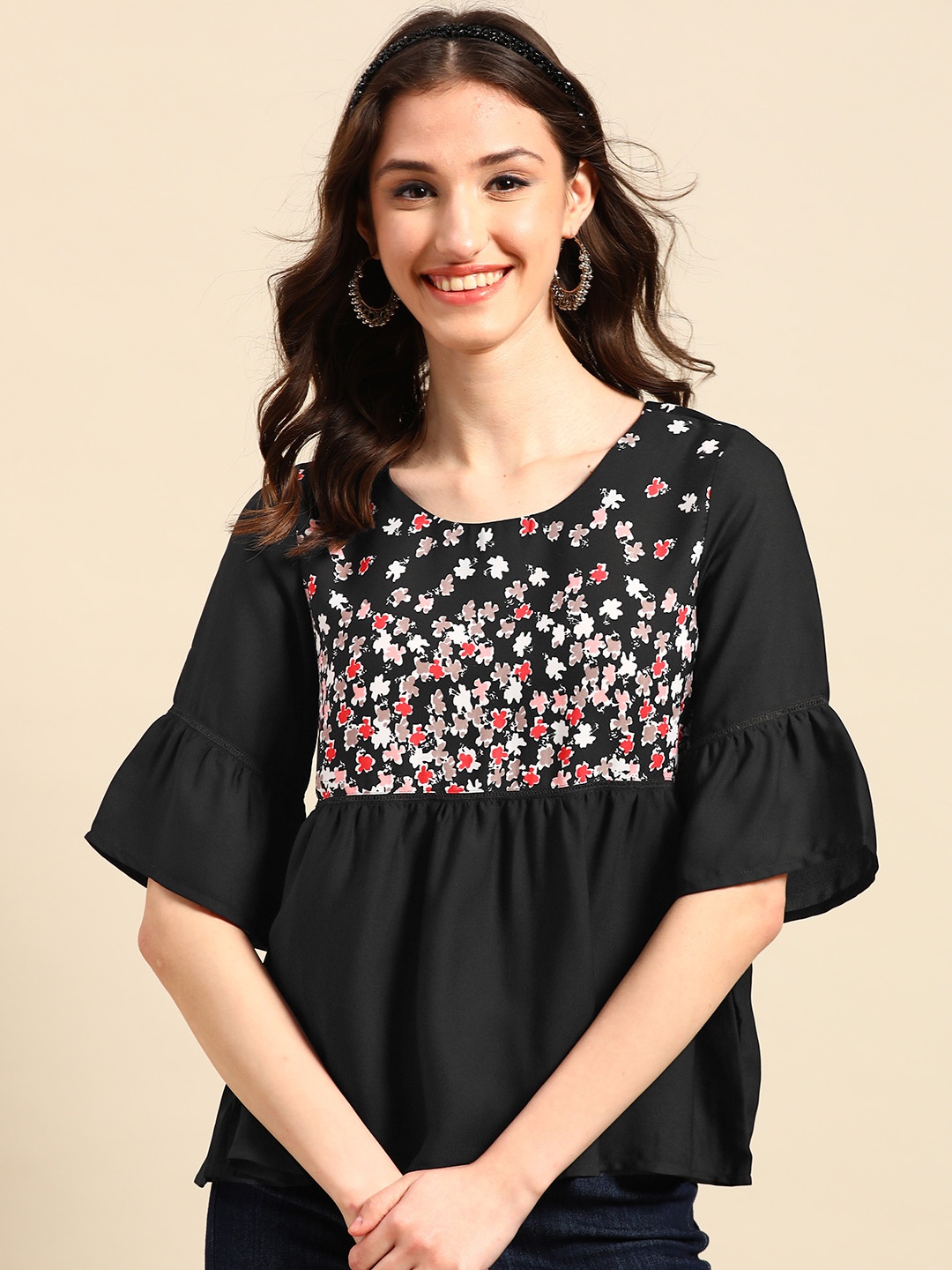 

Sangria Floral Print Peplum Top, Black