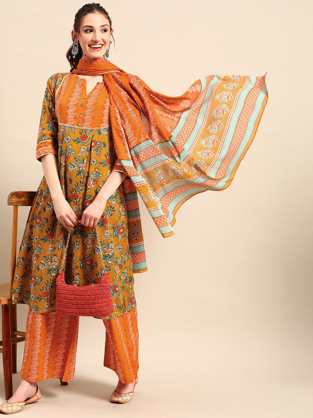 

Sangria Floral Printed Gotta Patti Pure Cotton Kurta With Palazzos & Dupatta, Mustard