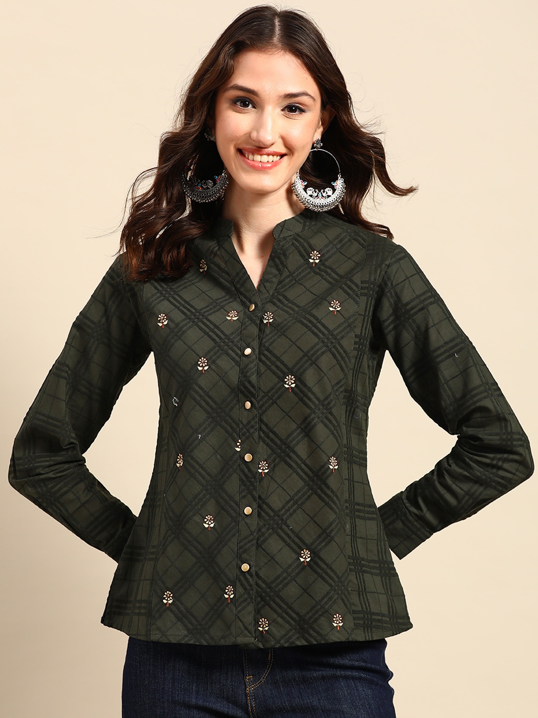 

Sangria Floral Embroidered Mandarin Collar Shirt Style Cotton Top, Olive