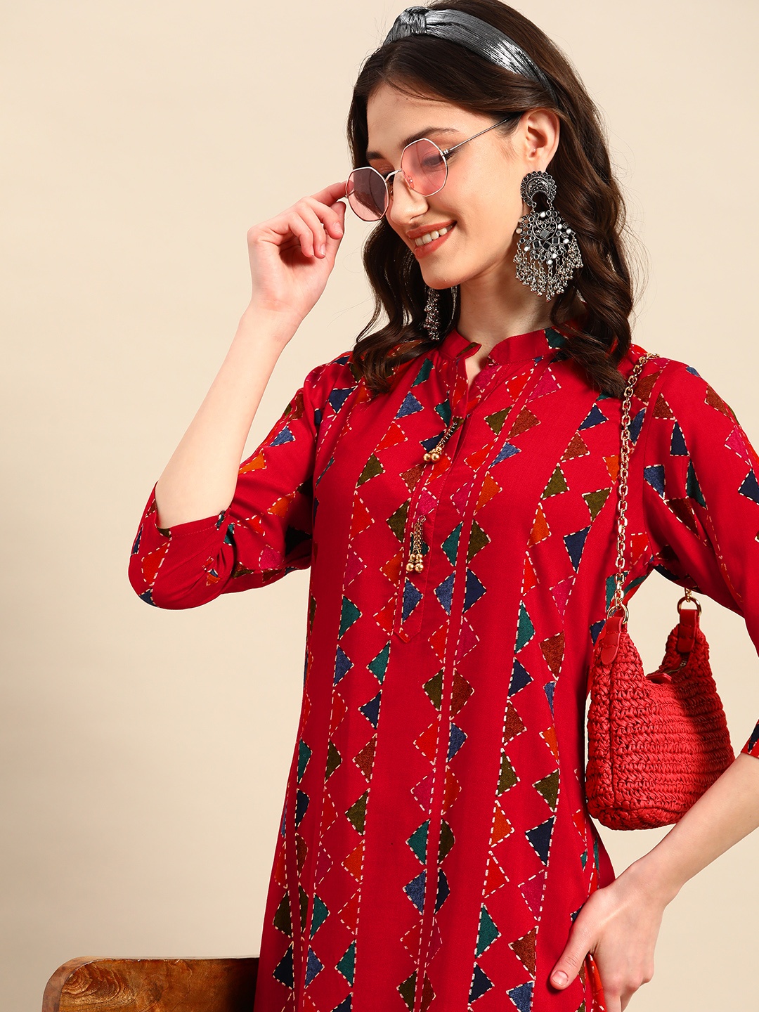 

Sangria Geometric Printed Jacquard Kurta, Red