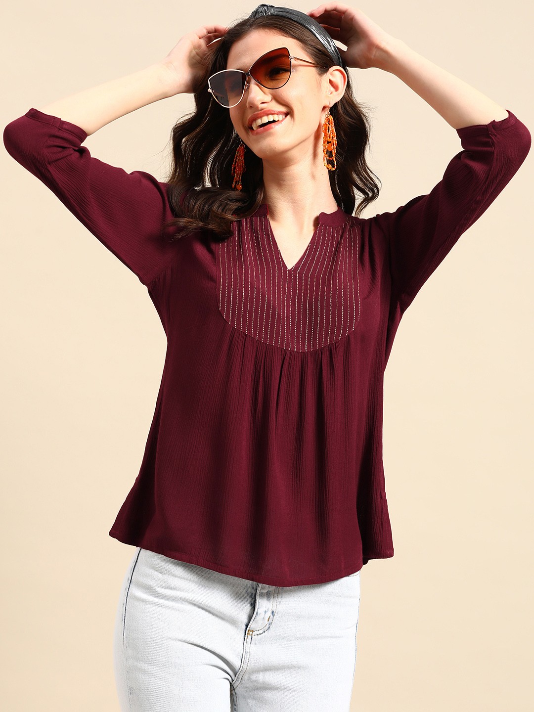 

Sangria Striped Mandarin Collar Zari Work Georgette Top, Maroon