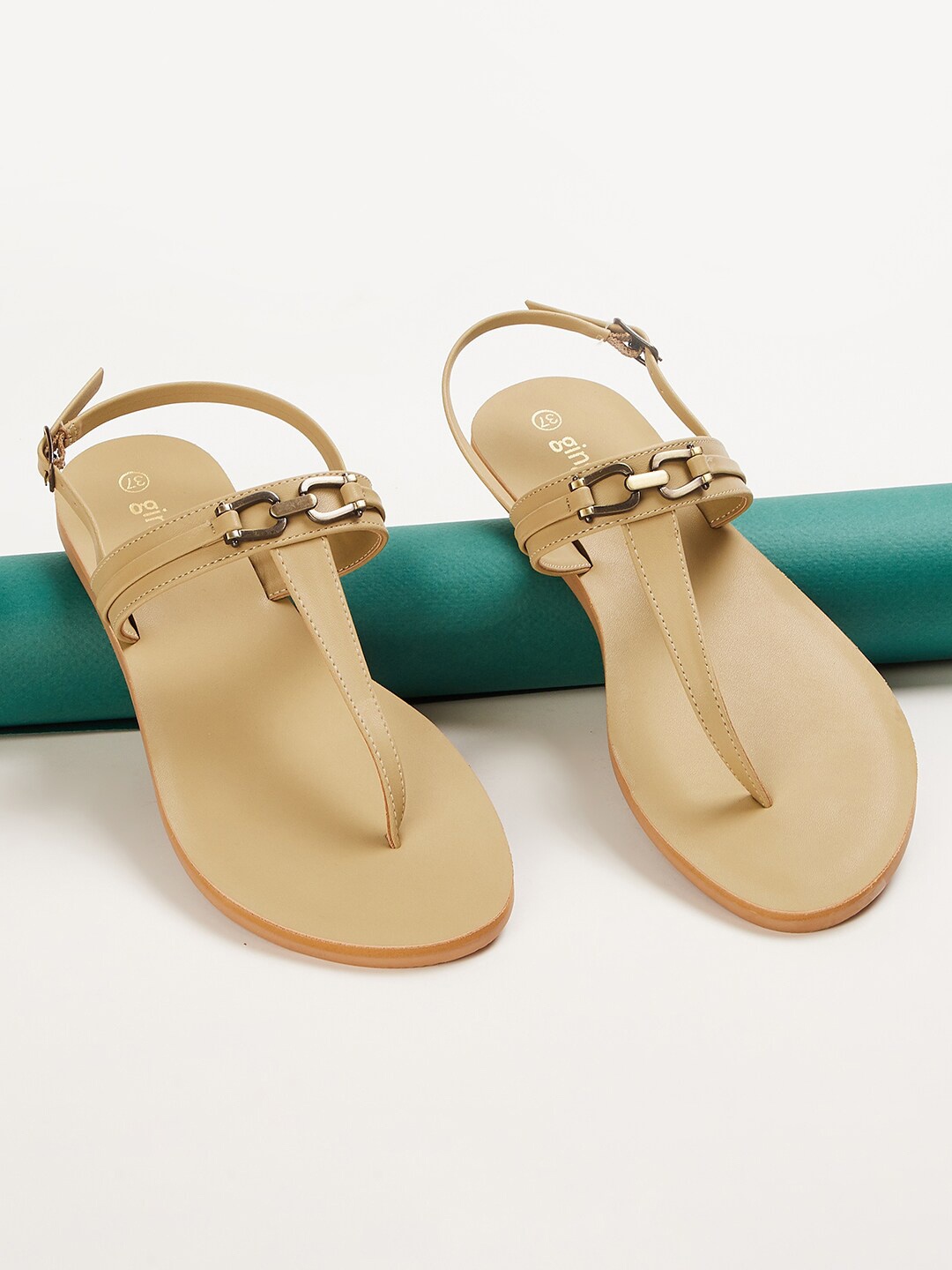 

Ginger by Lifestyle Buckle Embellished T-Strap Flats, Beige