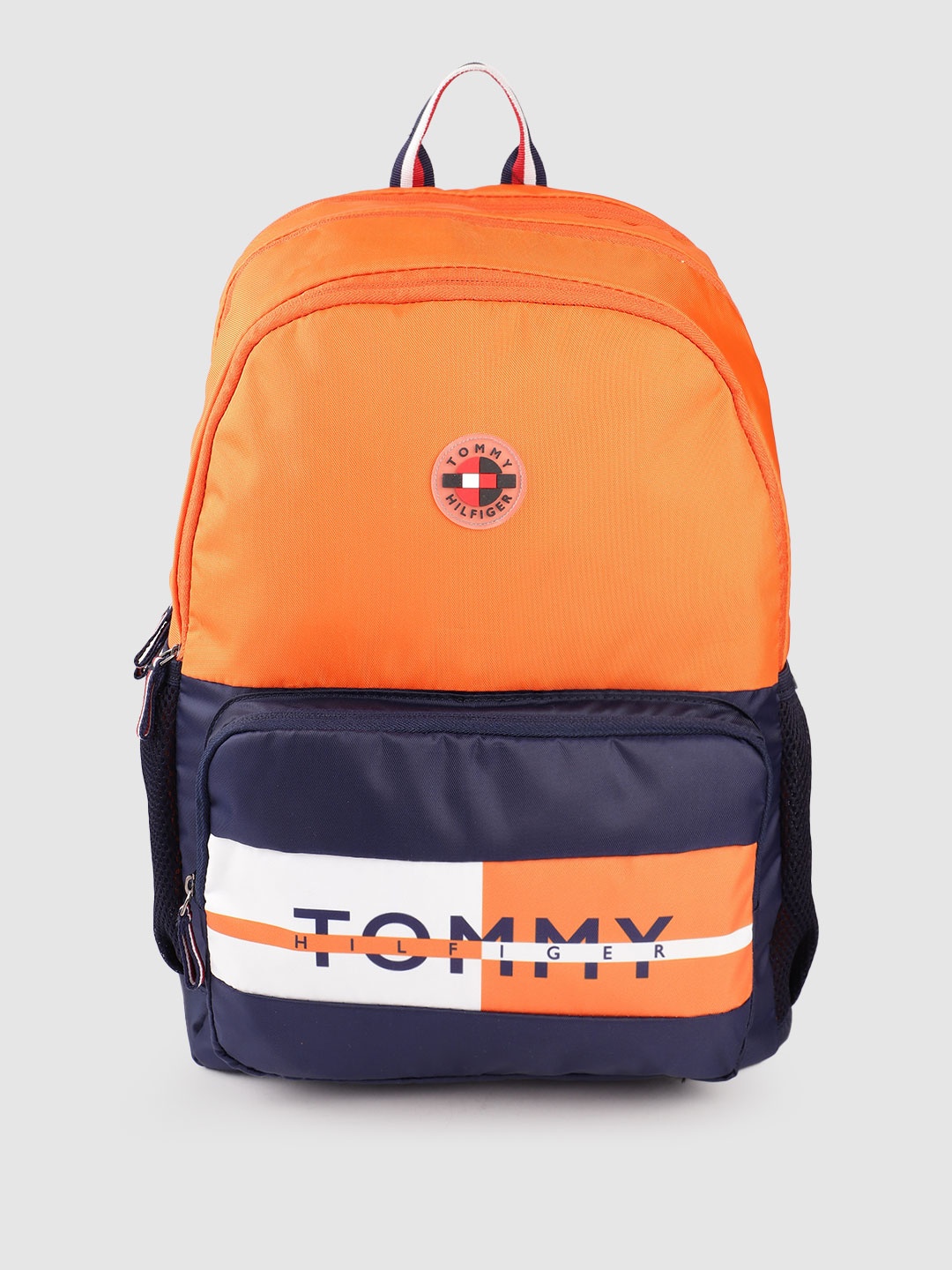 

Tommy Hilfiger Unisex Orange & Navy Blue Colourblocked Applique Backpack