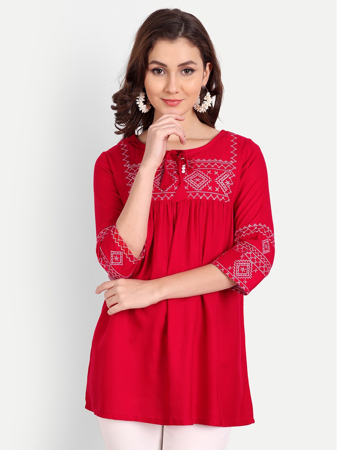 

Karagwals fab Tie-Up Neck Embroidered Top, Red