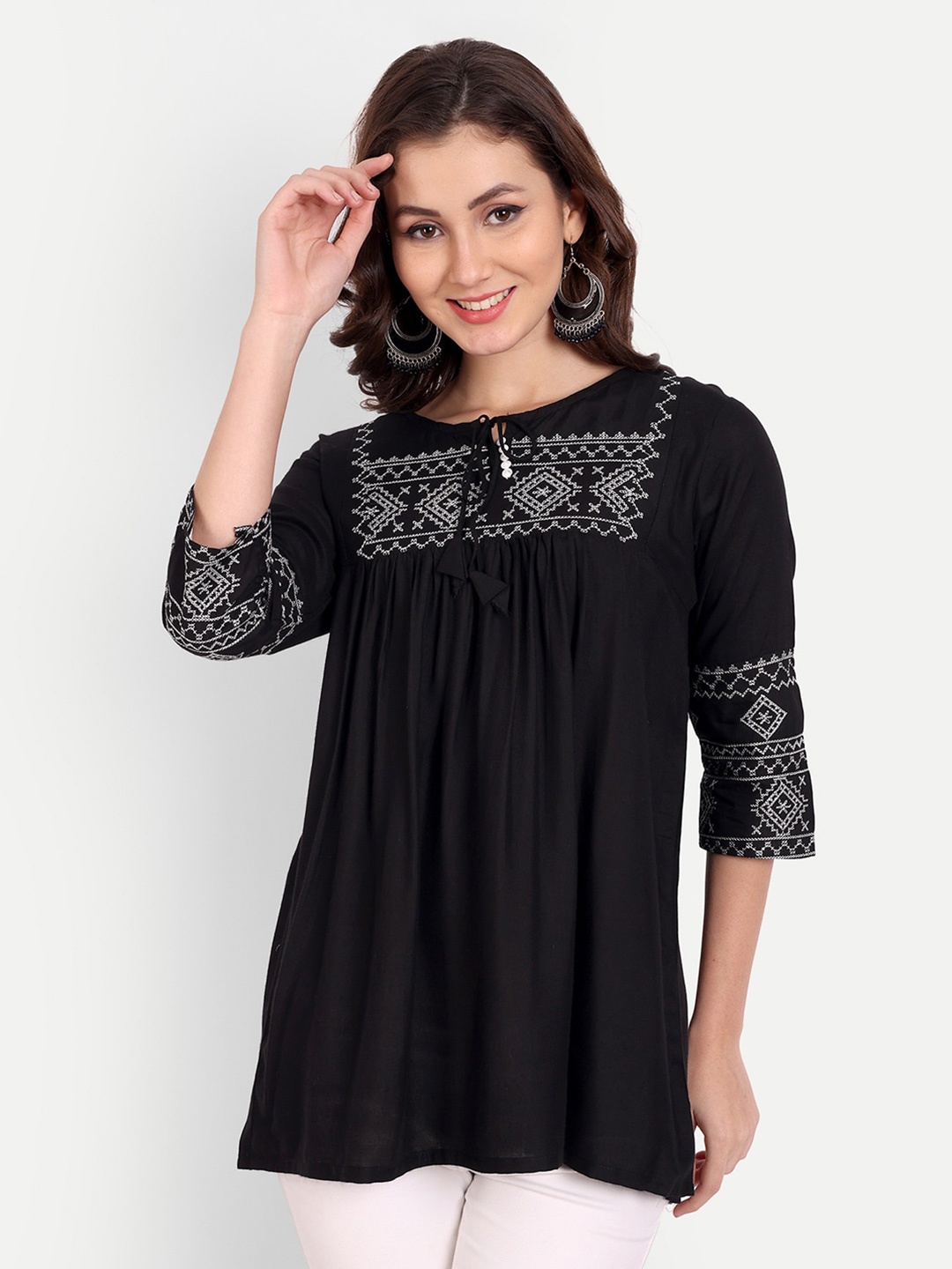 

Karagwals fab Geometric Embroidered Tie-Up Neck Top, Black