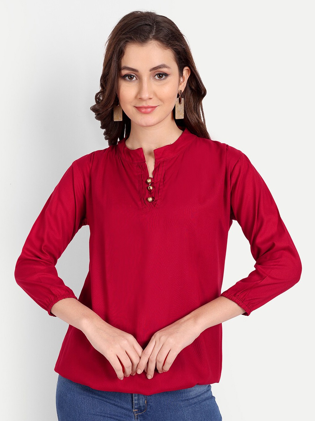 

Karagwals fab Puff Sleeves Mandarin Collar Pleated Top, Red