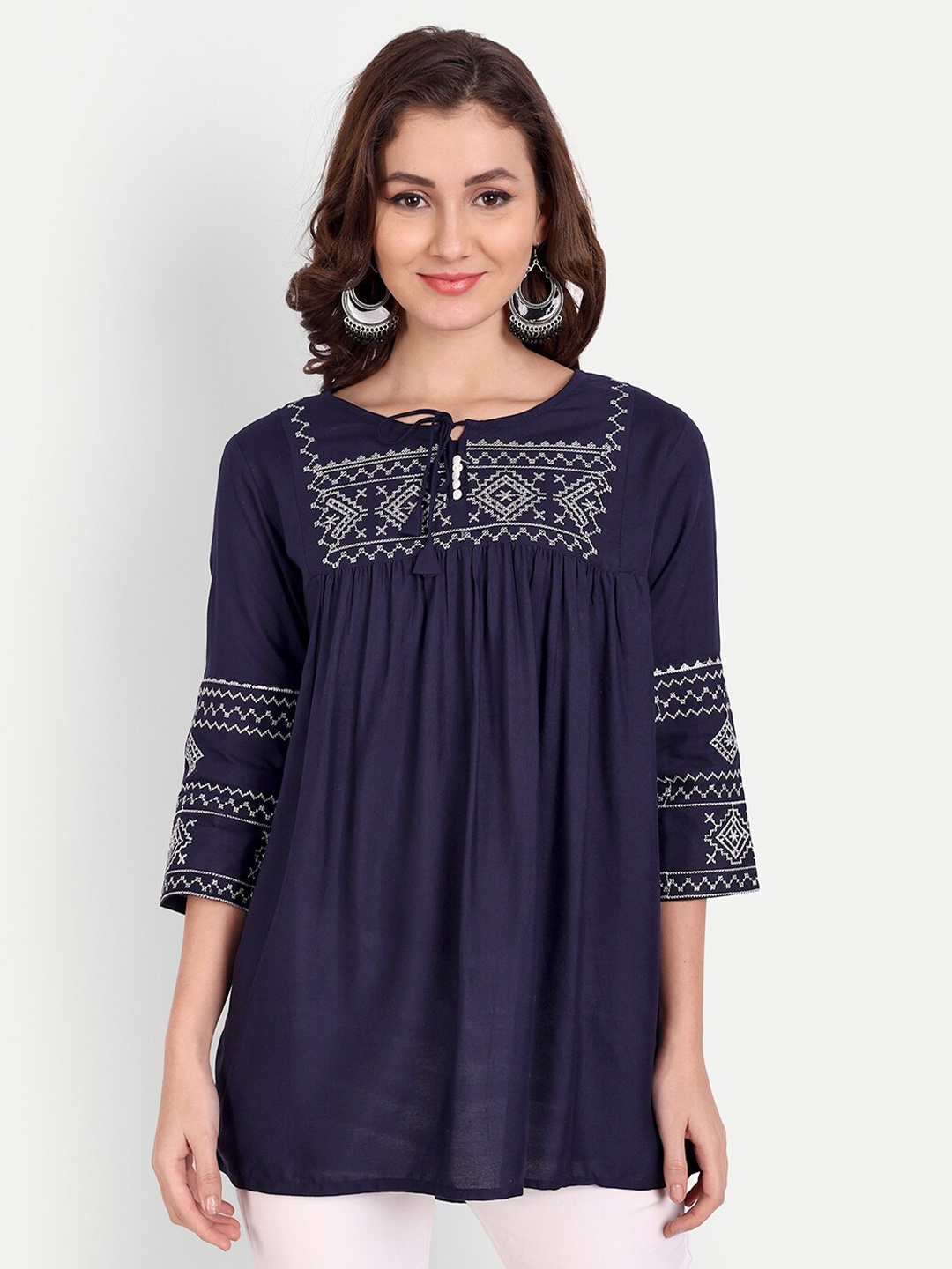 

Karagwals fab Embroidered Tie-Up Neck Top, Navy blue