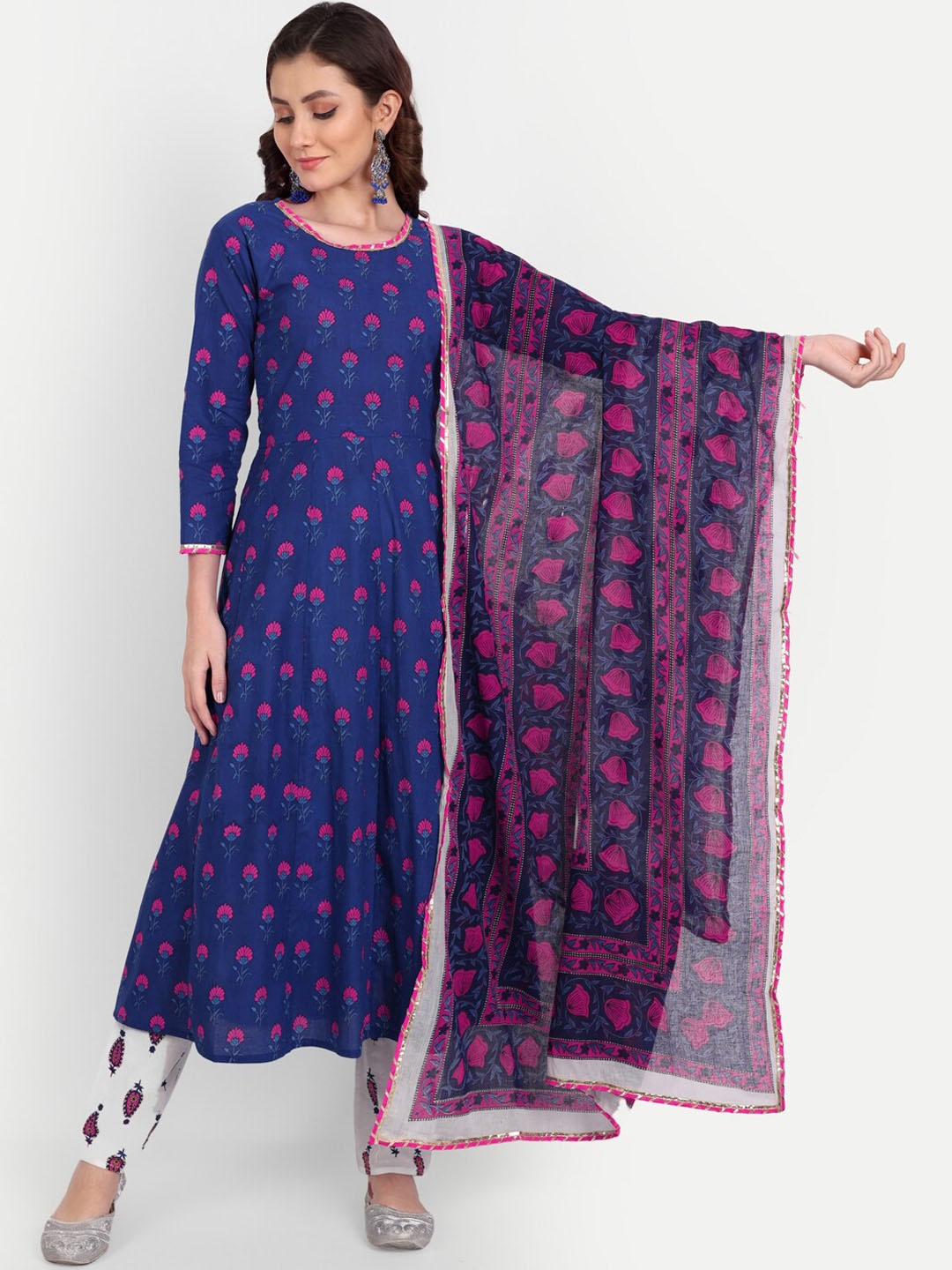 

Karagwals fab Floral Printed Pure Cotton Anarkali Kurta With Trousers & Dupatta, Blue