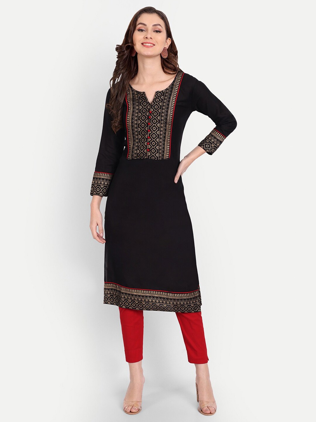 

Karagwals fab Ethnic Motifs Printed Yoke Design Notched Neck Foil Print Kurta, Black