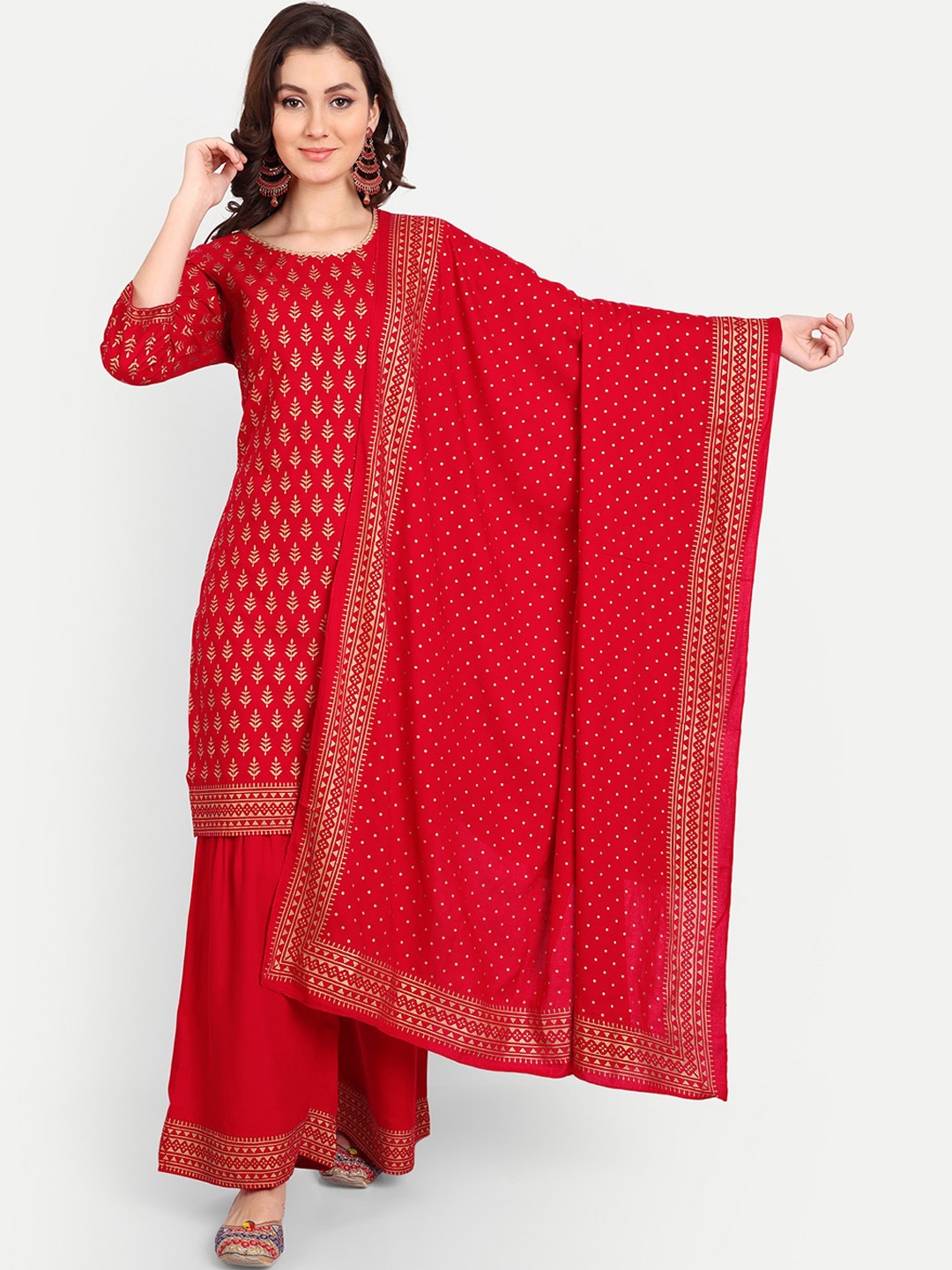 

Karagwals fab Ethnic Motifs Printed Straight Kurta with Sharara & With Dupatta, Red