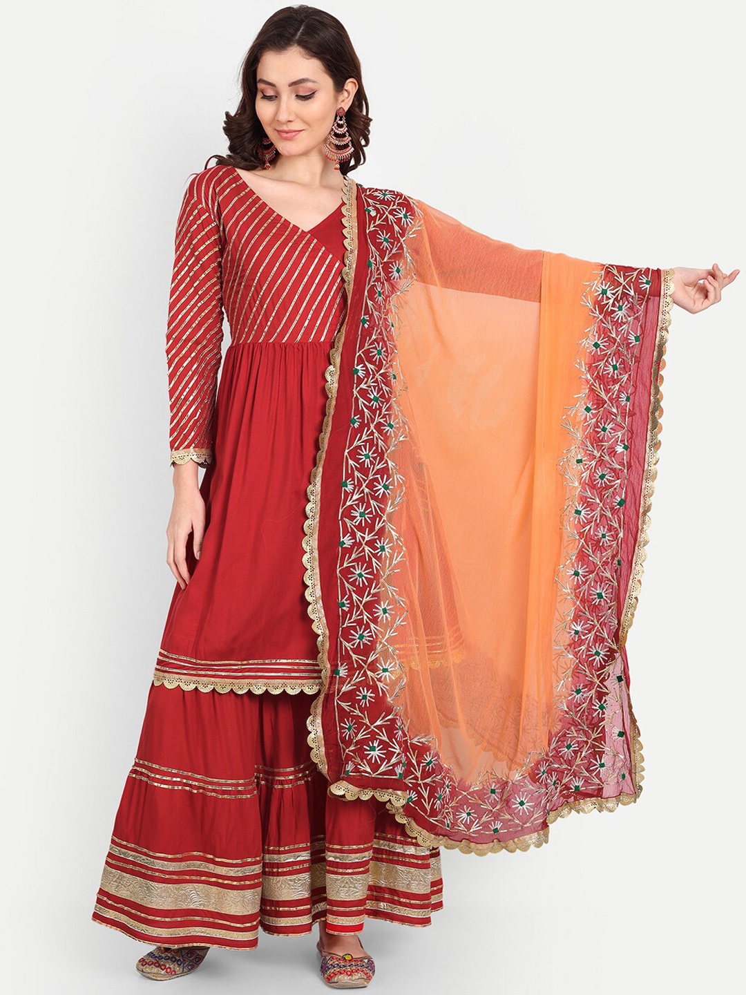 

Karagwals fab Embellished Angrakha Jute Cotton Anarkali Kurta with Sharara & With Dupatta, Red