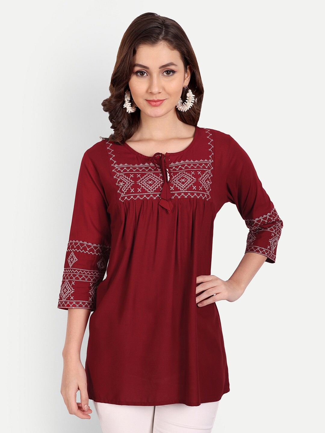 

Karagwals fab Geometric Printed Tie Up Neck A-Line Top, Maroon