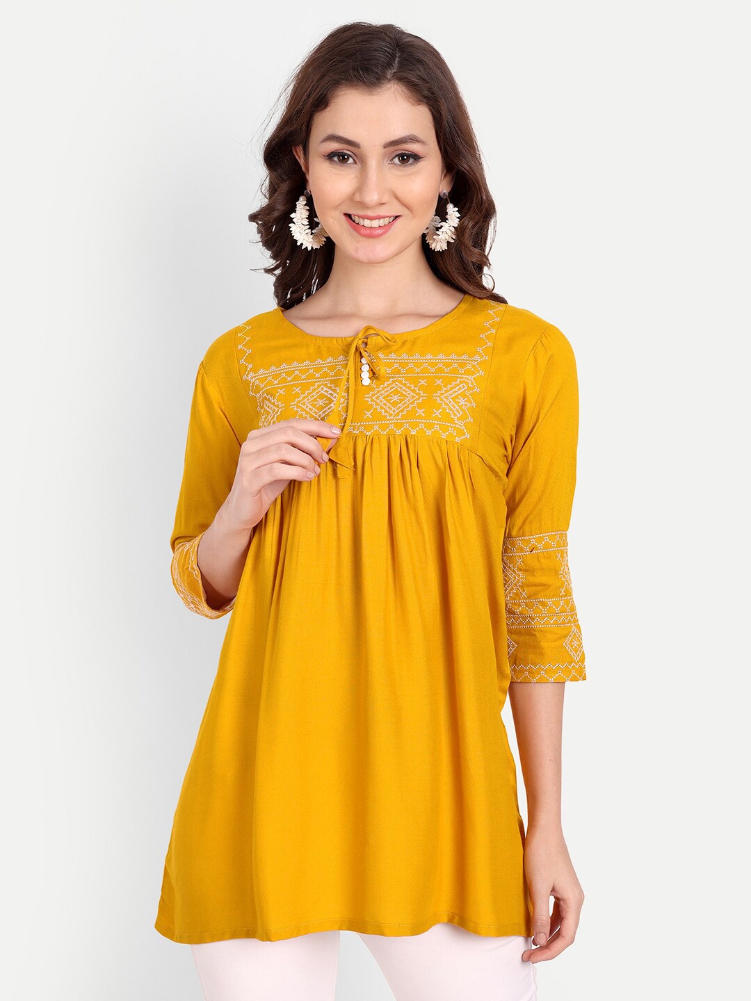 

Karagwals fab Gathered Ethnic Motifs Embroidered Tie-Up Neck Top, Mustard