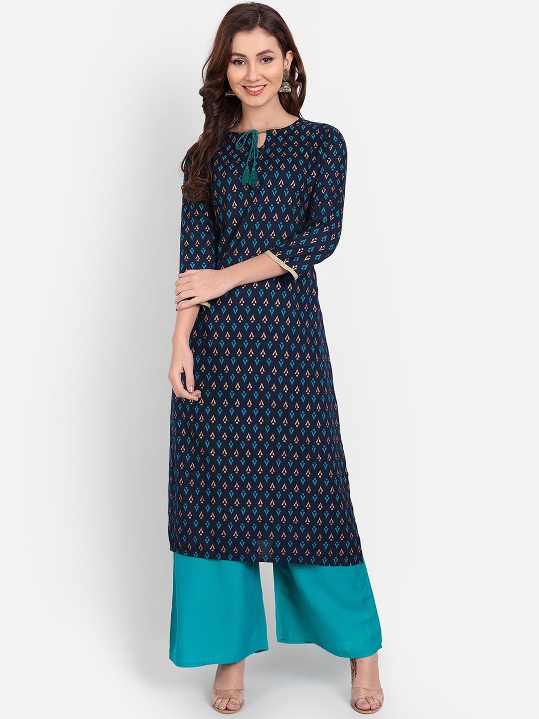 

Karagwals fab Tie-Up Neck Ethnic Motifs Printed Straight Kurta with Palazzos, Navy blue