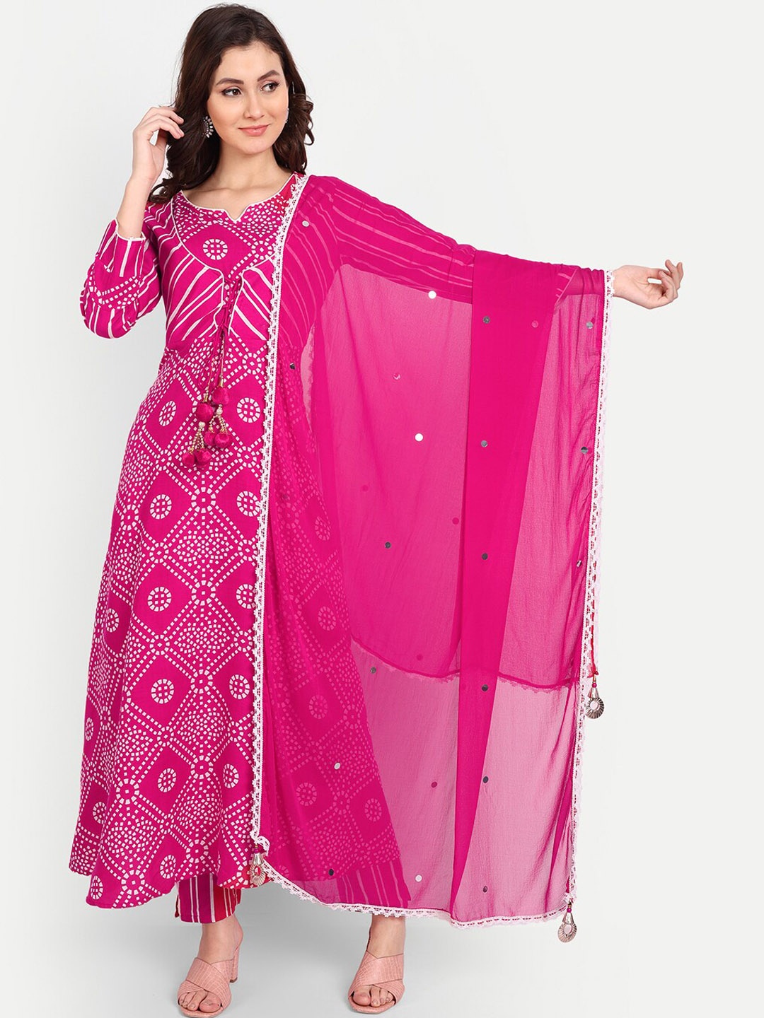 

Karagwals fab A-Line Notch Neck Printed Kantha Work Kurta with Trousers & Dupatta, Pink