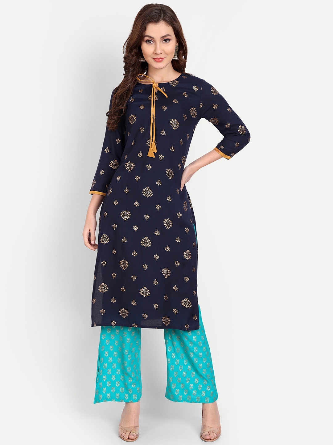 

Karagwals fab Ethnic Motifs Printed Kurta with Palazzos, Navy blue