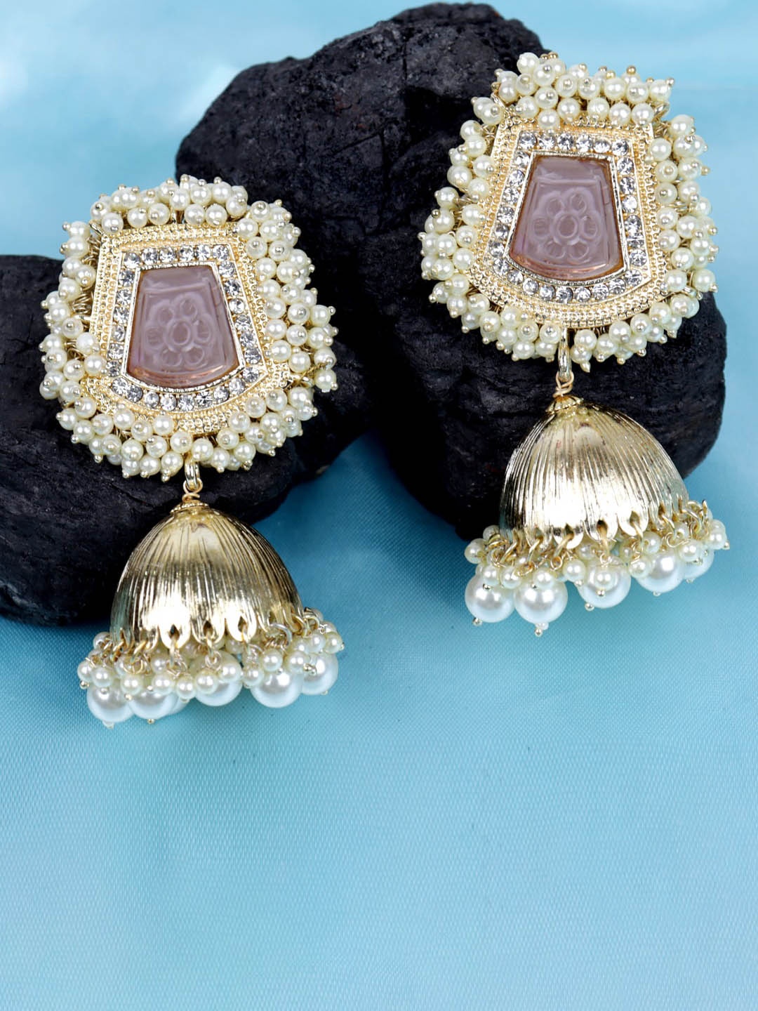 

Krelin Gold-Plated Dome Shaped Pearls Jhumkas Earrings, Pink