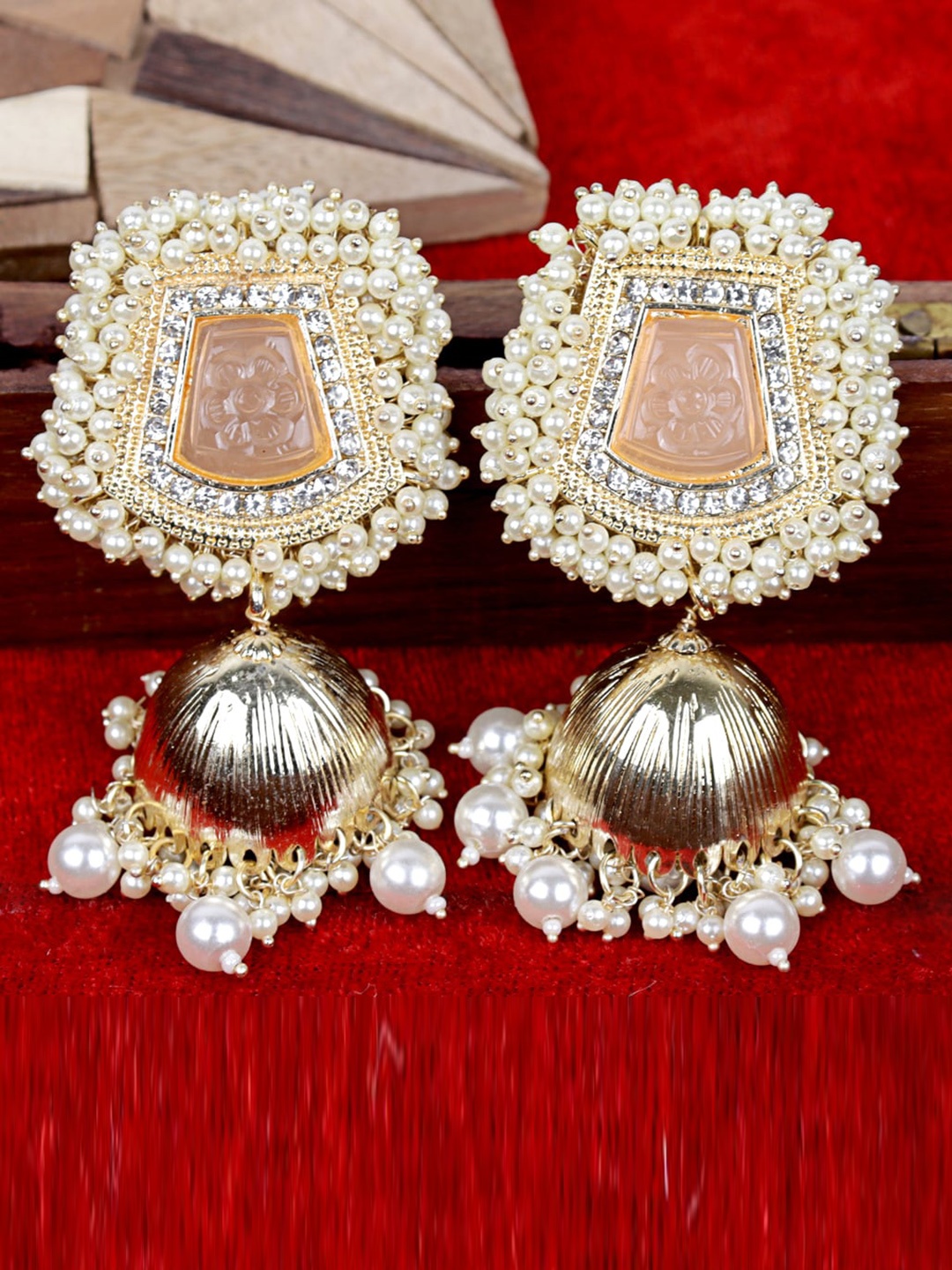 

Krelin Gold-Plated Dome Shaped Pearls Jhumkas Earrings, Peach