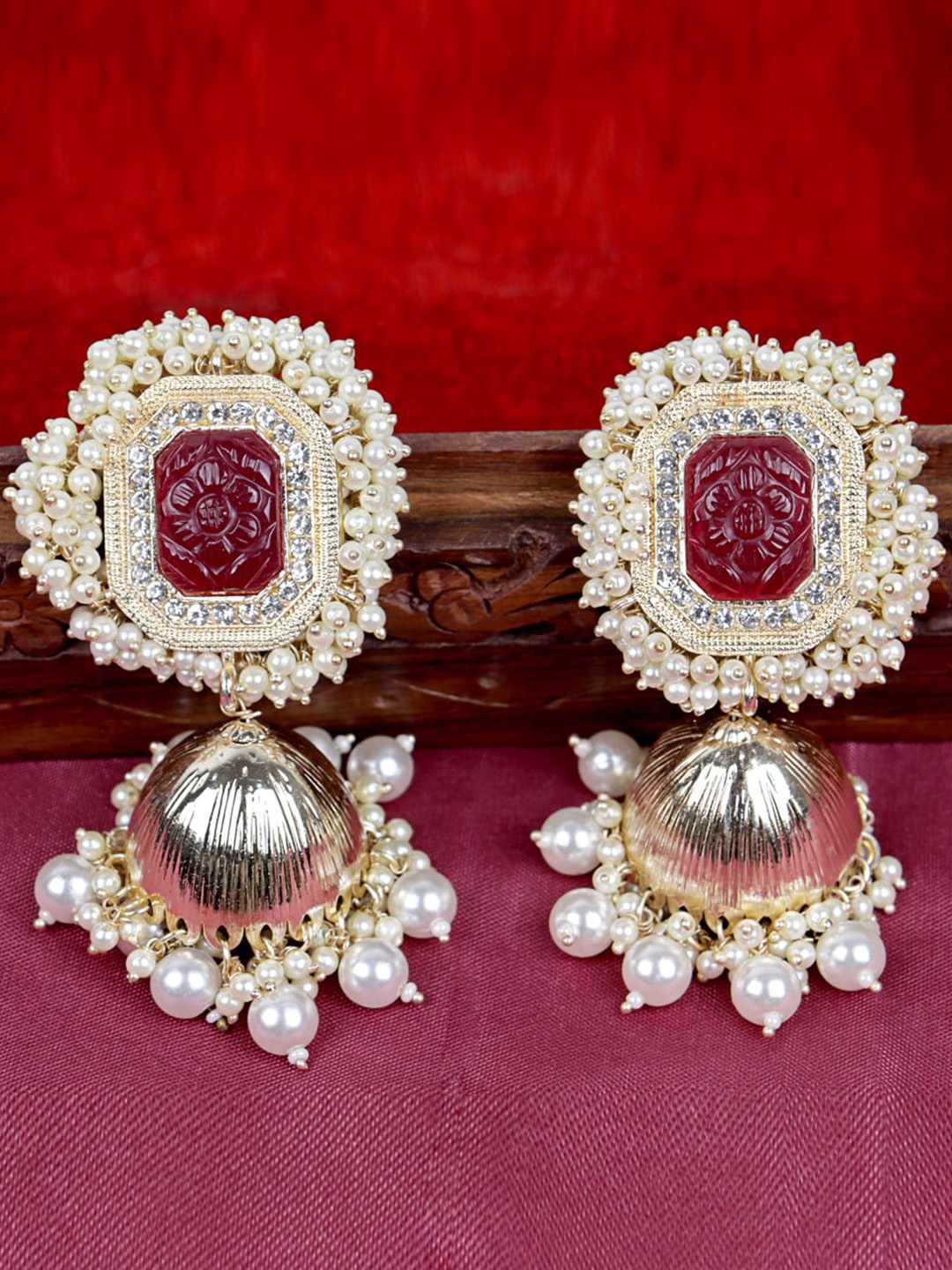 

Krelin Gold-Plated Dome Shaped Pearls Jhumkas Earrings, Maroon